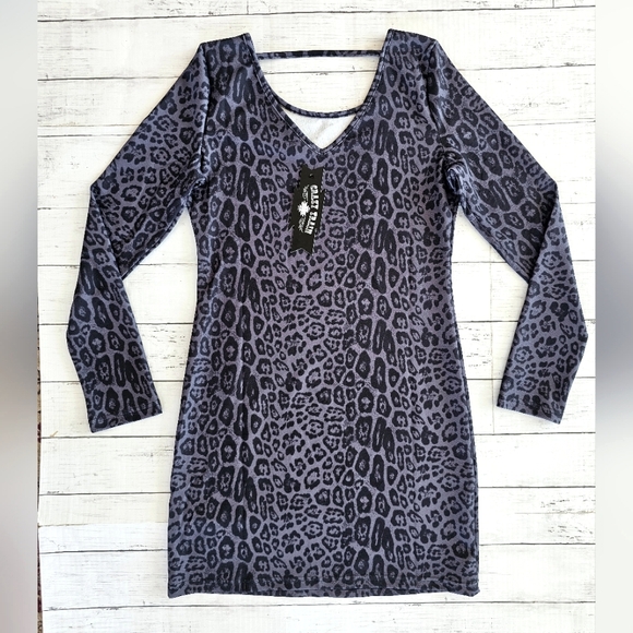 Crazy Train Western Black & Gray Leopard Longsleeve Midi Dress Strappy Back - Picture 3 of 10